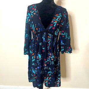 JAASE Women’s Blue Floral V~Neck Ruffle Bell Sleeve Crochet Boho Mini Dress Sz S